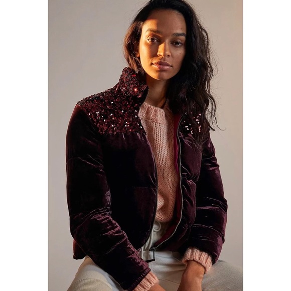 Anthropologie Vera Sequined Velvet Puffer Jacket